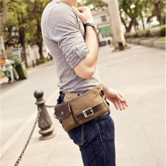 Men's Waist Bag Sports Coffee Canvas Belt Bag - Picture 7 of 8